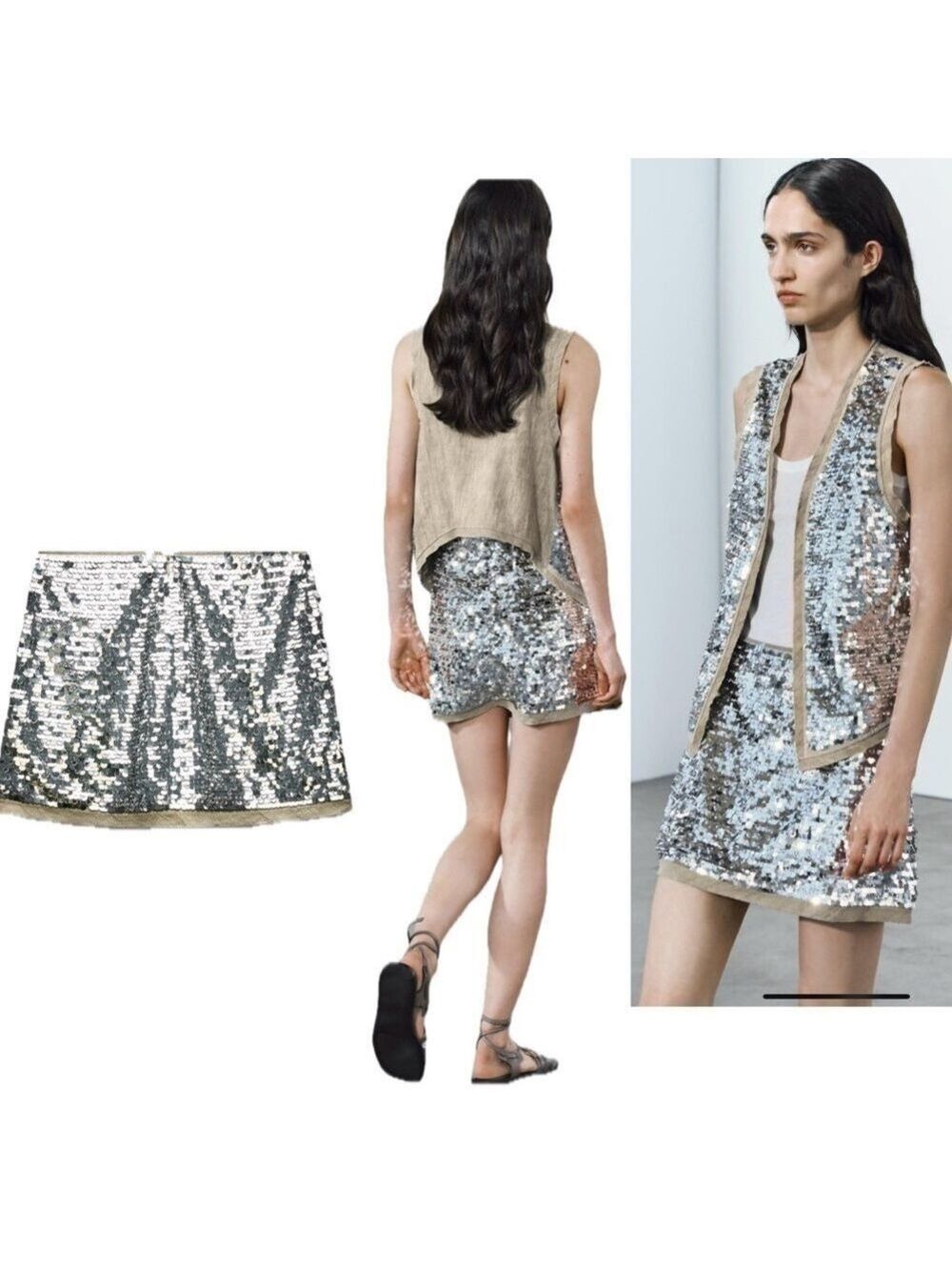 Zara ZW Collection silver beige metallic sequin chain mini skirt high waist Sz S
